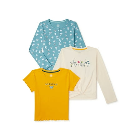 Wonder Nation Girls' Print and Graphic Fashion Tops, 3-Pack, Sizes 4-18 & Plus
