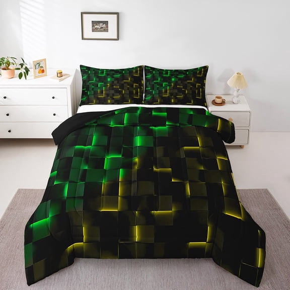 Erosebridal Geometric Plaid Bedding Twin Comforter Set,Green Yellow Down Comforter,Futuristic Cubes Bedding Sets Twin with Comforter,Super Cozy Neon Bedroom Decoration,Reversible,3pcs