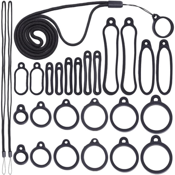 24Pcs 11 Sizes Anti-Lost Silicone Rubber Rings Set 8-58mm Adjustable Ring with 2Pcs Lanyards Strap Pendant Necklace Fixing Holder Soft Protective Replacement Multipurpose Keychain Making DIY