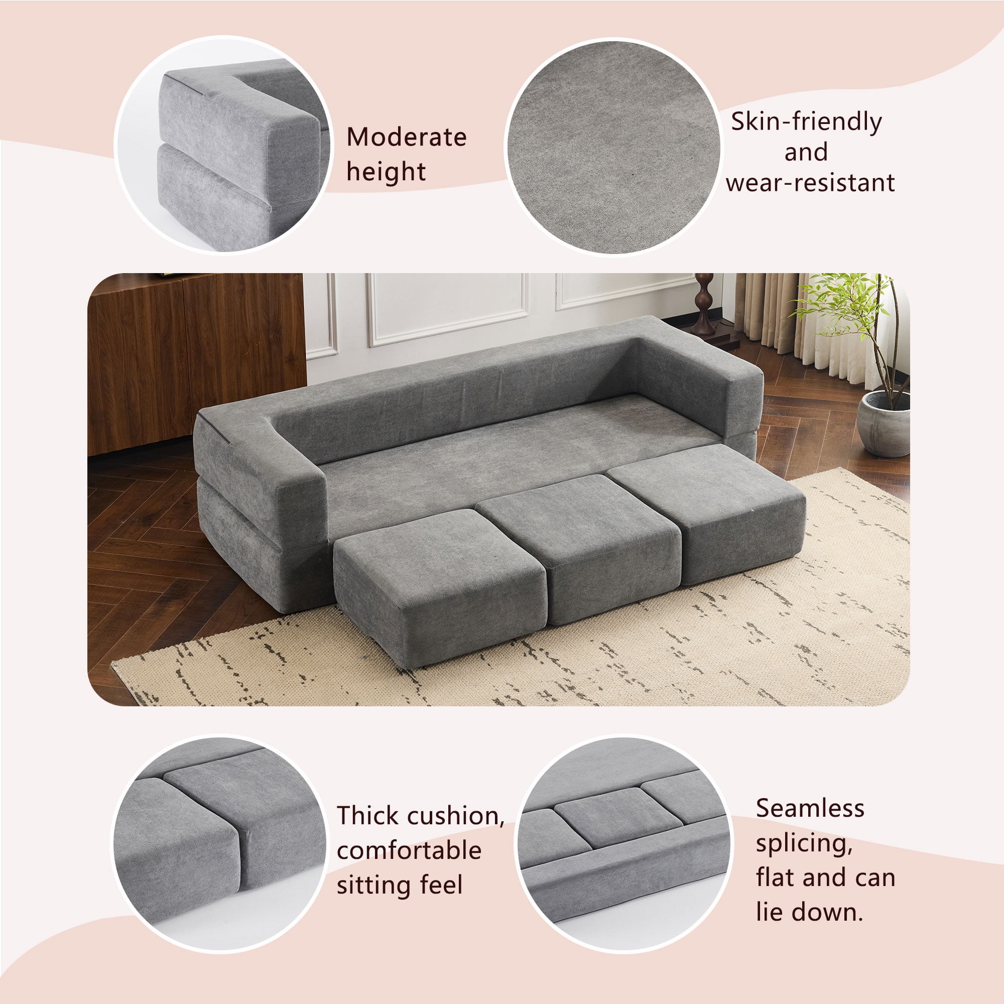 Modular Sofa Bed with 3 Detachable Ottoman Pieces, Convertible L-Shaped Sectional and Chaise Lounge for Small Apartments and Studios, Grey