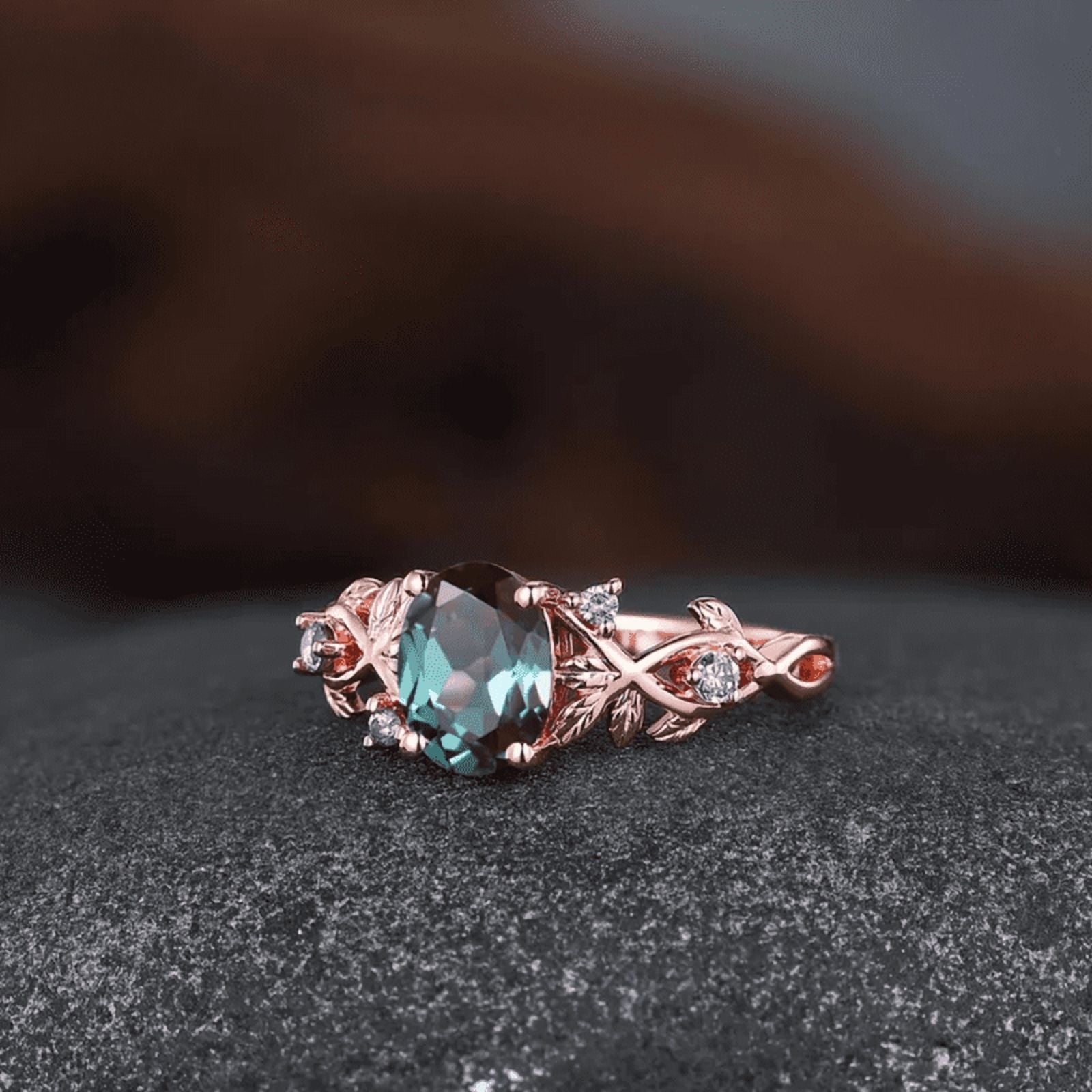 Oval Cut Alexandrite Ring in 14K Black Gold Vermeil- Leaf Inspired Amethyst Engagement Ring- Promise Ring for Woman