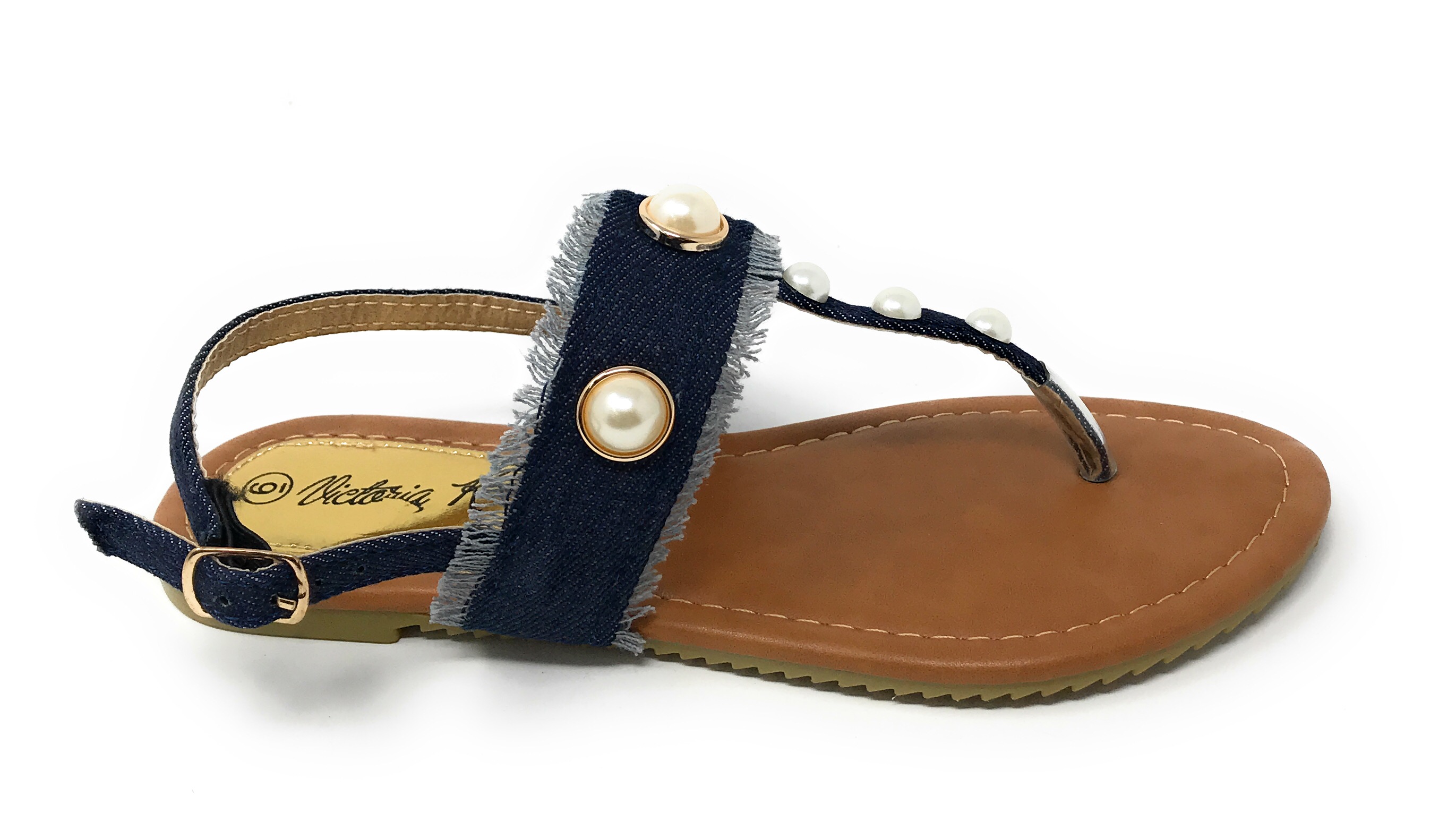 Victoria K Women's Fringed Denim With Pearl Studs Sandals