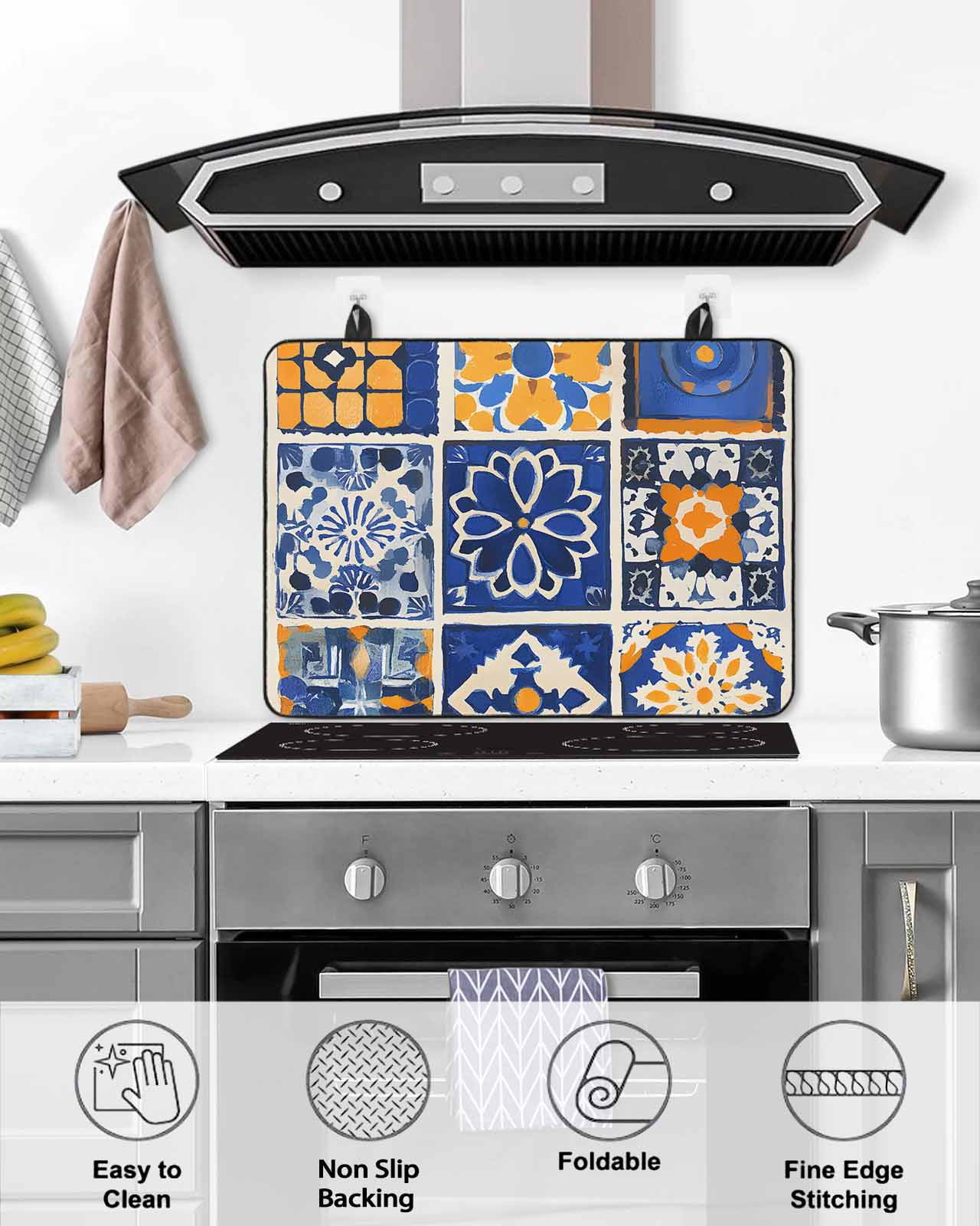 nqOlkjepod Large Induction Cooktop Protector Mat 36"x21", Colorful Flowers Stove Top Covers for Electric Stove, Vintage Country Abstract Plaid Art Stove Burner Cover Mats, Glass Top Stove Cover