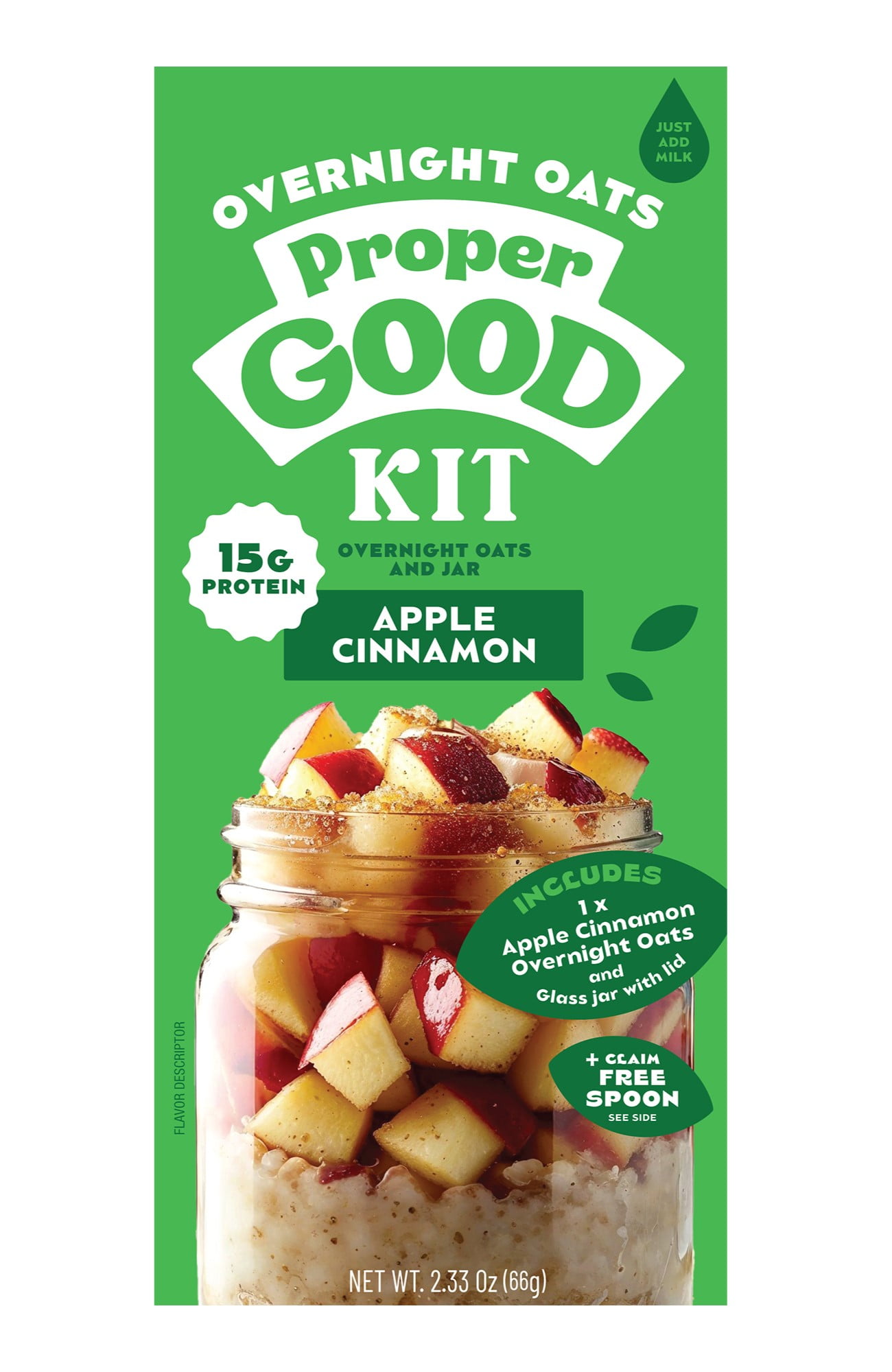 (4 pack) Proper Good Apple Cinnamon Overnight Oats Kit, 15g Protein, Shelf-Stable, 2.33 oz Packet, Glass Jar