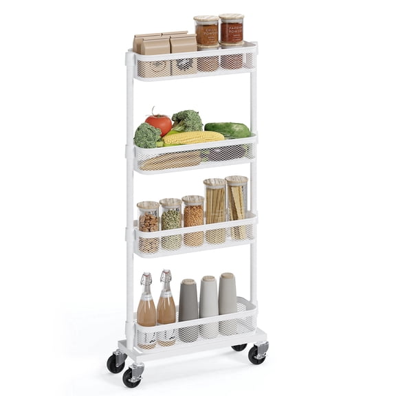 SONGMICS Slim Storage Cart, 4-Tier Metal Rolling Cart with Wheels, Flexible Baskets, Narrow Cart for Kitchen, Bathroom,Easy Assembly, White