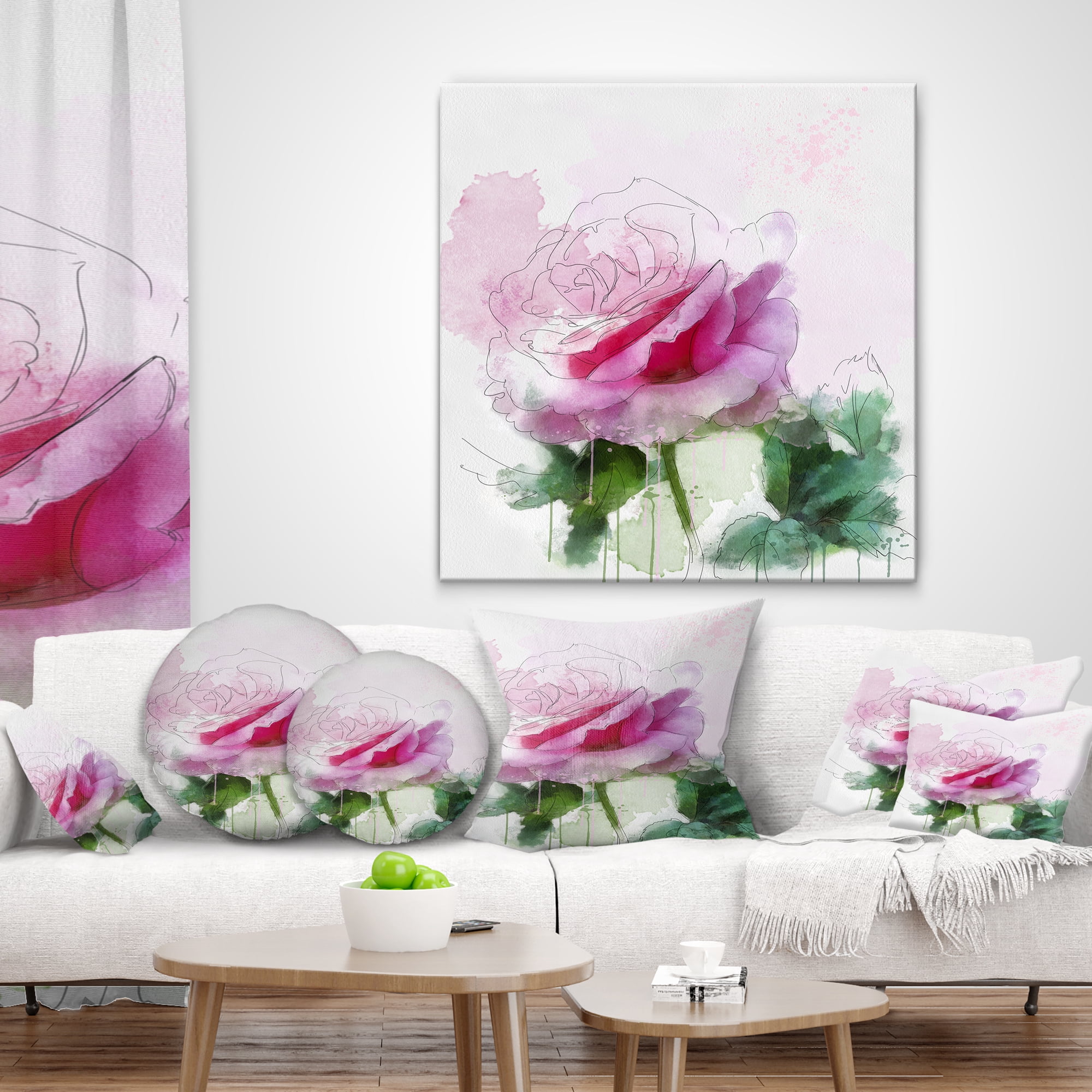Designart Pink Rose Sketch with Green Leaves - Floral Throw Pillow - 12x20