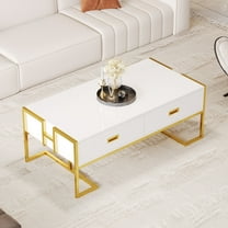 Modern Rectangular Coffee Table, Wood Center Table With Storage Drawers and Gold Metal Frame For Living Room Office Apartment