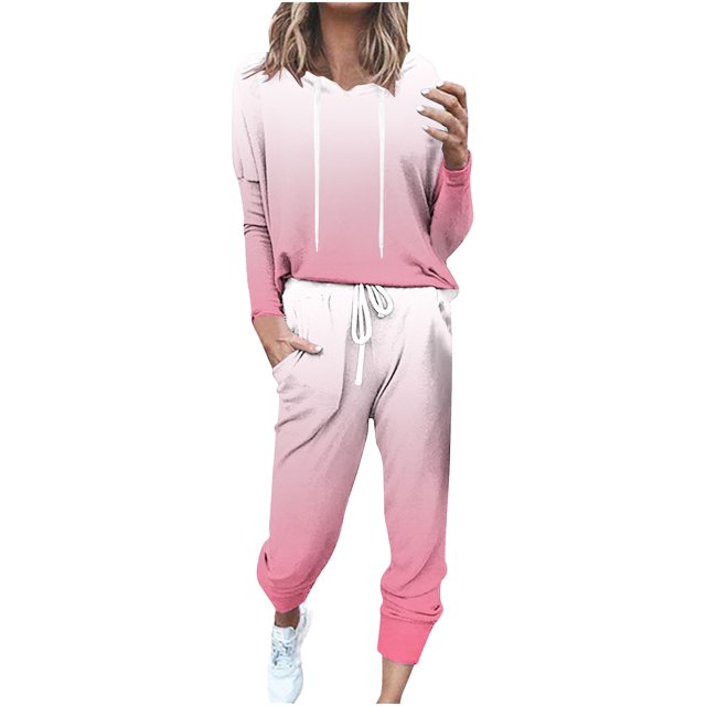 UAMVSH Ensembles de Jogging pour Femmes Manches Longues Col Rond Chandail à Capuchon Hauts avec Pantalons Jogger Dégradé Tendance 2 Pcs Ensembles de Survêtement (TG, Rose 1)