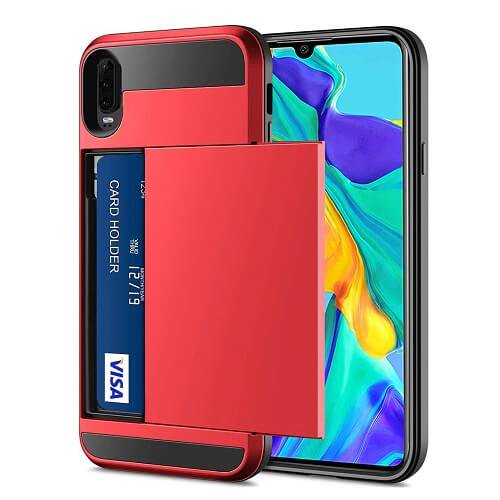Pour Huawei P30 Étui Portefeuille Rouge Antichoc avec Fente pour Carte, Étui Robuste, Étui de Protection 360