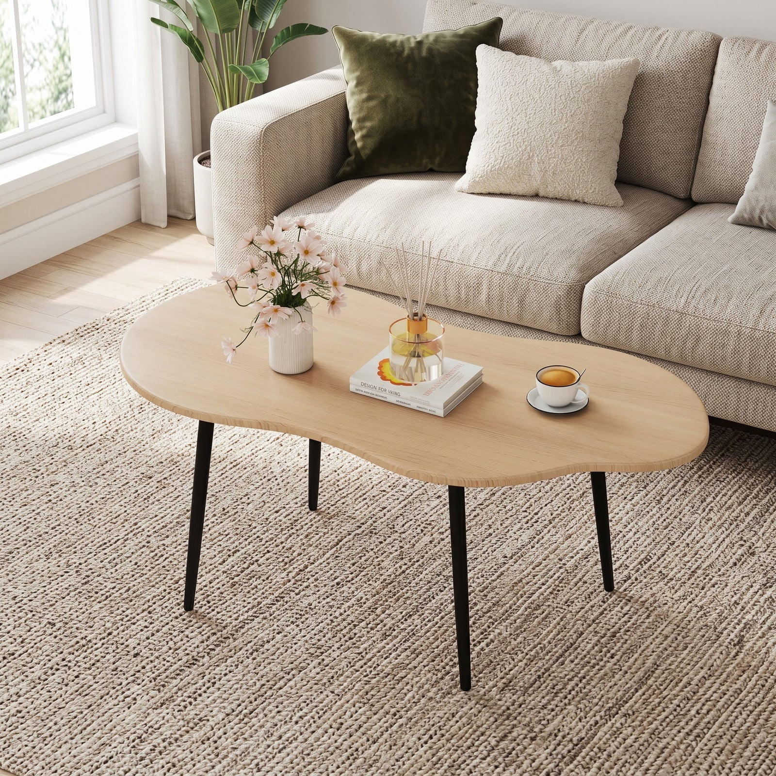 Furnibear Cloud Shape Coffee Table, 39.5 Inch Irregular Free Form Center Table with Sturdy Metal Frame, Wide Engineered Wood Top Accent Side Table for Living, Natural