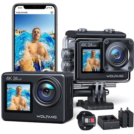 WOLFANG 4K Action Camera 24MP Dual Screen 40M Waterproof with Case EIS Stabilization WiFi App Control 170° Wide Angle Remote 2 Batteries