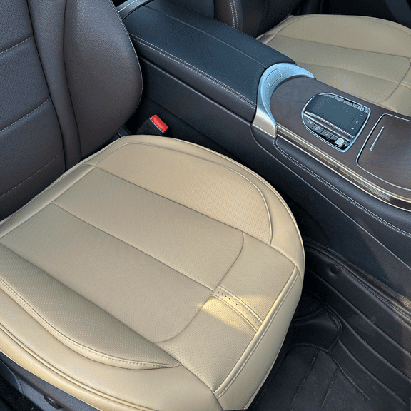 2 Pack Leather Front Car Seat Cover Bottom Only, Anti-Slip Padded Seat Cushion, Full Wrap Seat Protector with Storage Function Universal Fit for Most Cars, SUV, Pick-up Trucks (Beige)