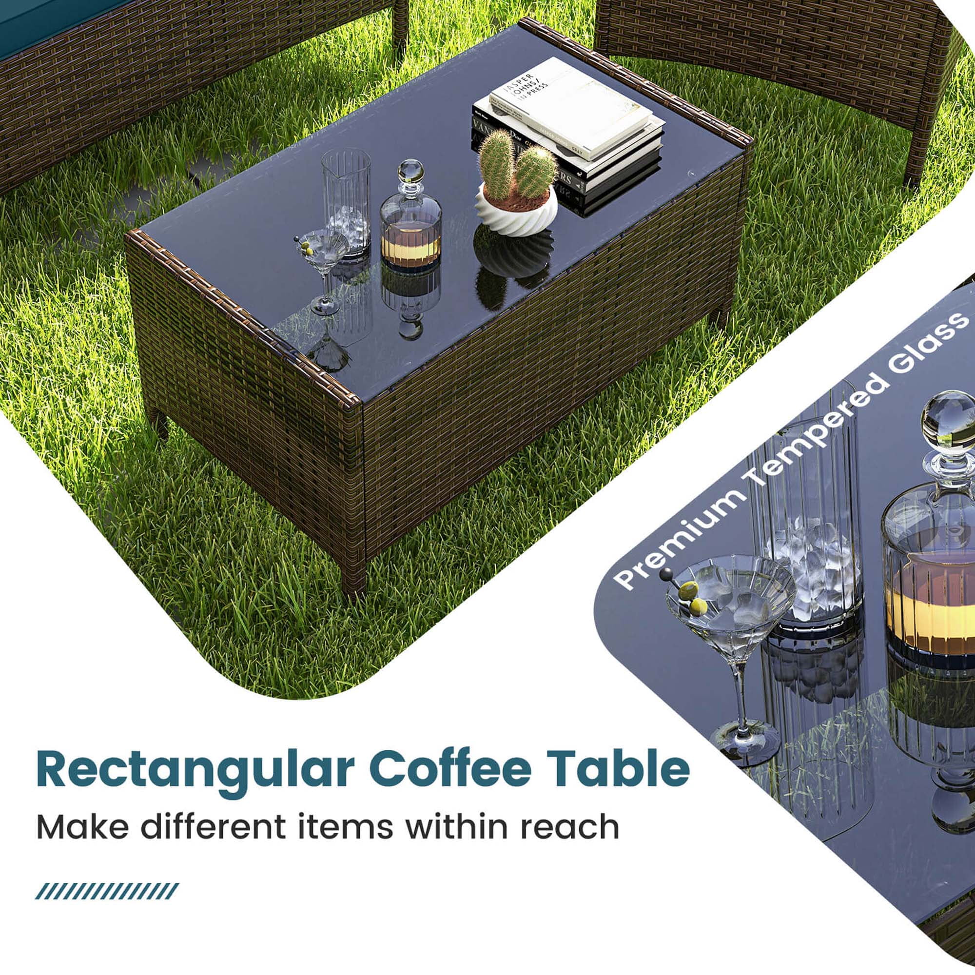 Costway 8 PCS Patio Furniture Set with Washable Cushions and Tempered Glass Coffee Table Blue