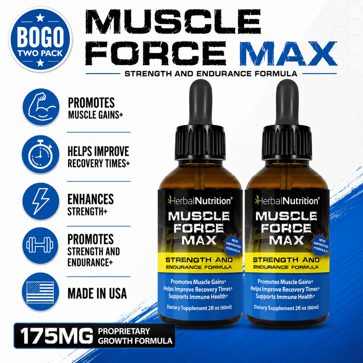 Body Building Supplement Muscle Force Max Strength & Endurance Drops 175mg of Proprietary Growth Formula, Muscle Building and Recovery
