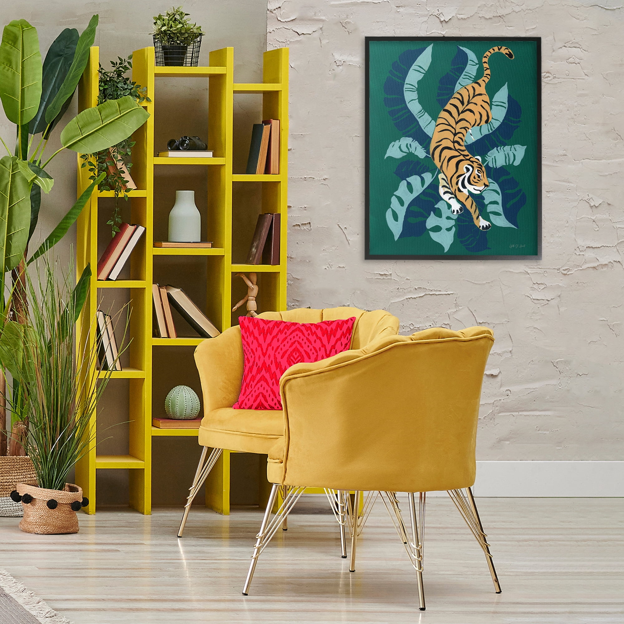 Stupell Industries Tiger Prowling over Palms Animals & Insects Painting Black Framed Art Print Wall Art, 24 x 30