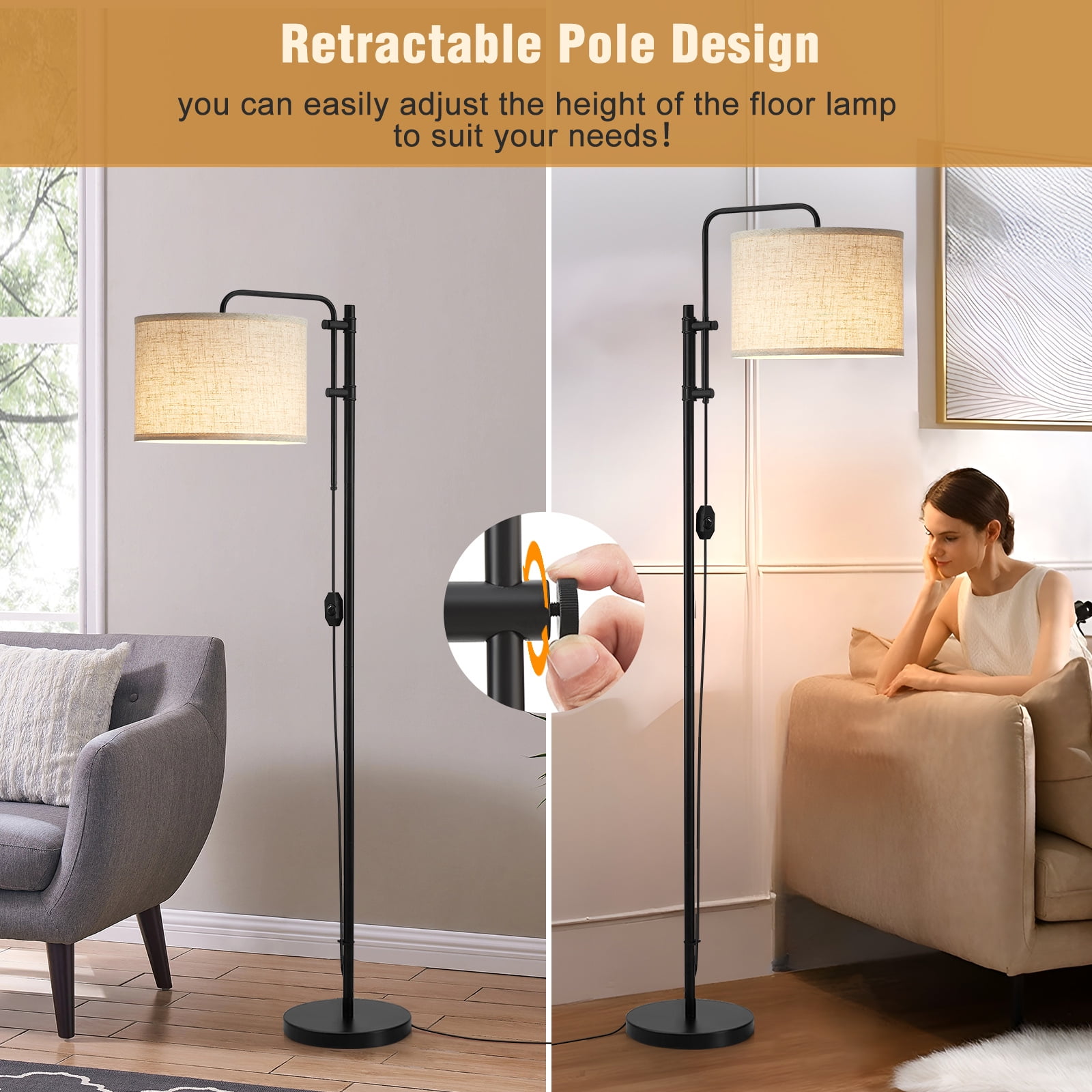 NATYSWAN Floor Lamp for Living Room, Adjustable Height Standing Lamps with 350° Rotate White Lampshade, 67.5-Inch Modern Tall Lamp Dimmable Floor Lamps for Corner Bedroom Home Office (Bulb Included)