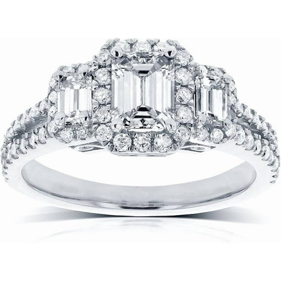 Plated White Gold Ring 2 CT Emerald Cut Engagement Ring 3 Diamond Halo Promise Ring
