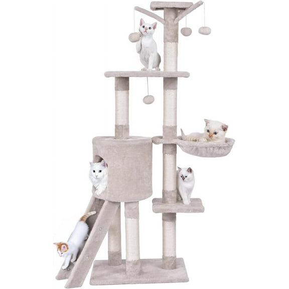 Cat Tree, 56 Inch Multi-Level Cat Tower for Indoor Cats, Kitty Play House with Large Condo, Cat Hammock Bed, Sisal Scratching Post, Cat Toys, Ladder, Cat Caves for Small&Medium Cats