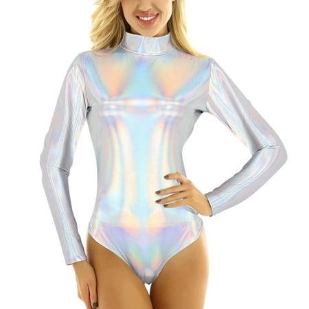 Riforla Women Yoga Jumpsuits Shiny Metallic Leather Neck Long Sleeve Leotard Bodysuit Jumpsuits for Women Silver XL