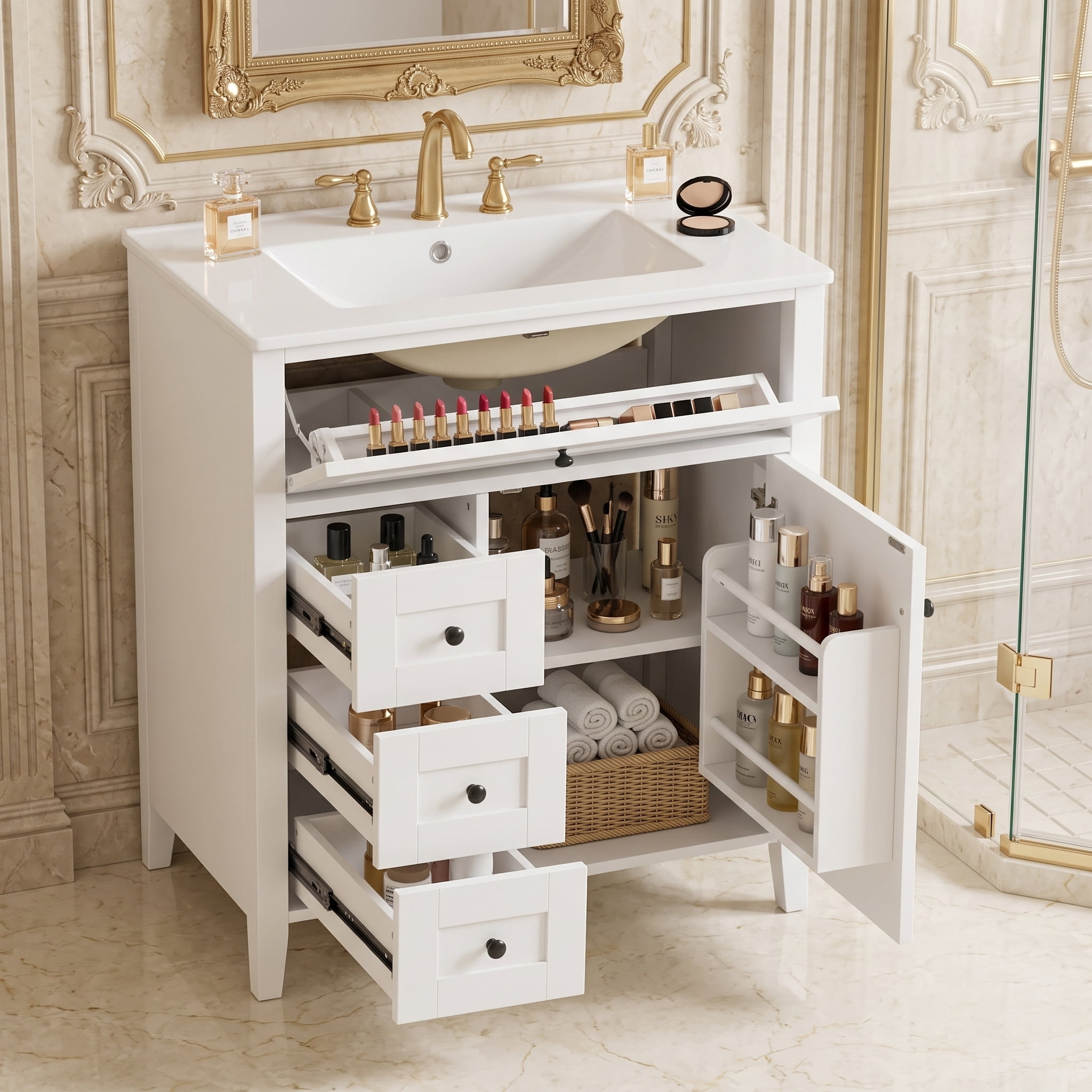 Anpport 30" Freestanding Bathroom Vanity with Sink, Modern MDF & Rubberwood Cabinet, 3 Drawers, Adjustable Shelf & Left‑Side Door, White