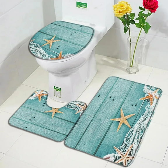 Mediterranean Bath Mat Set Blue Wooden Panel StarConch Beach Carpet Home Bathroom Decoration Non-slip Rugs Toilet Lid Cover