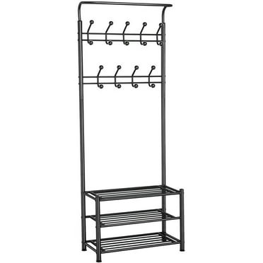 Black Metal Coat Rack Shoe Bench: 3-in-1 Hall Tree with Entryway Shoe Bench, Coat Hat Umbrella Rack, 18 Hooks
