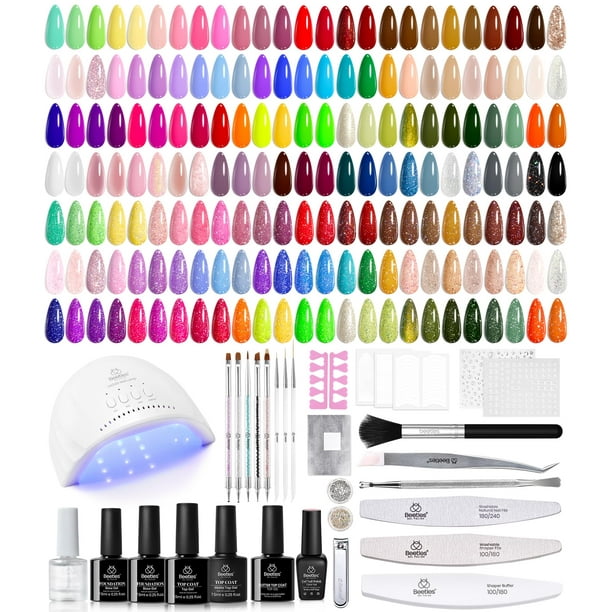 Kit de esmaltes de uñas en gel Beetles, 100 colores con luz UV, 133 unidades