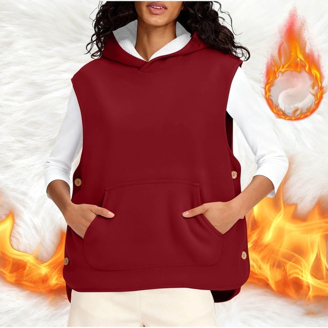 HongQid Womens Sherpa Fleeve Hooded Vest Sleeveless Hoodies Fall Winter Fluffy Tops with Pockets