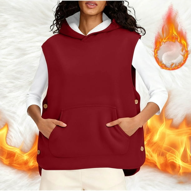 HongQid Womens Sherpa Fleeve Hooded Vest Sleeveless Hoodies Fall Winter Fluffy Tops with Pockets