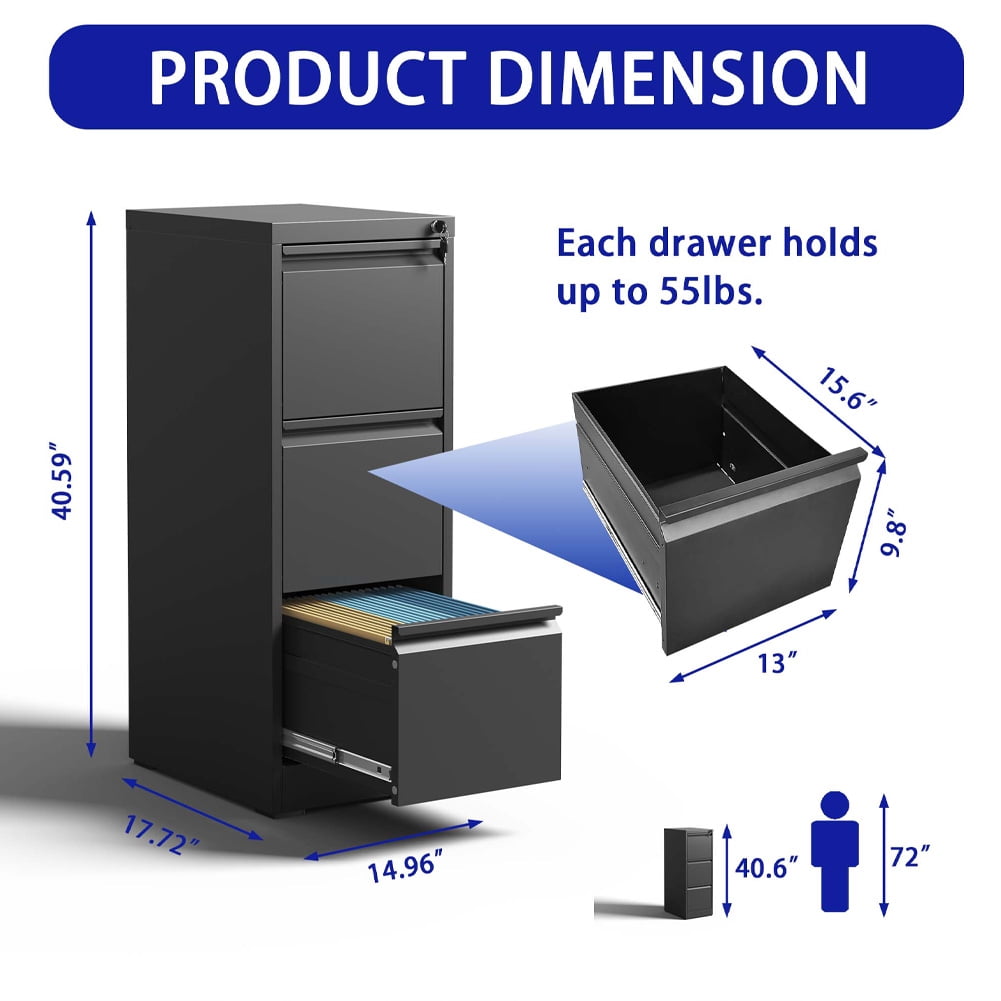 Black 3 Drawer Metal File Cabinet with Lock,Heavy Duty Metal Filing Cabinet for Office,Business,Home, Legal/Letter Size