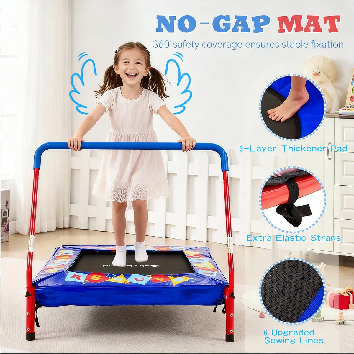 SkyBound 36" Rectangle Mini Trampoline with Handlebar, 4-Leg Stable Support, Blue+Red