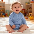 thumbnail image 2 of XAOFW Boys Girls Rompers Long Sleeve Crewneck Solid Color Button Bodysuits Breathable One-Pieces 9-12 Months, 2 of 8