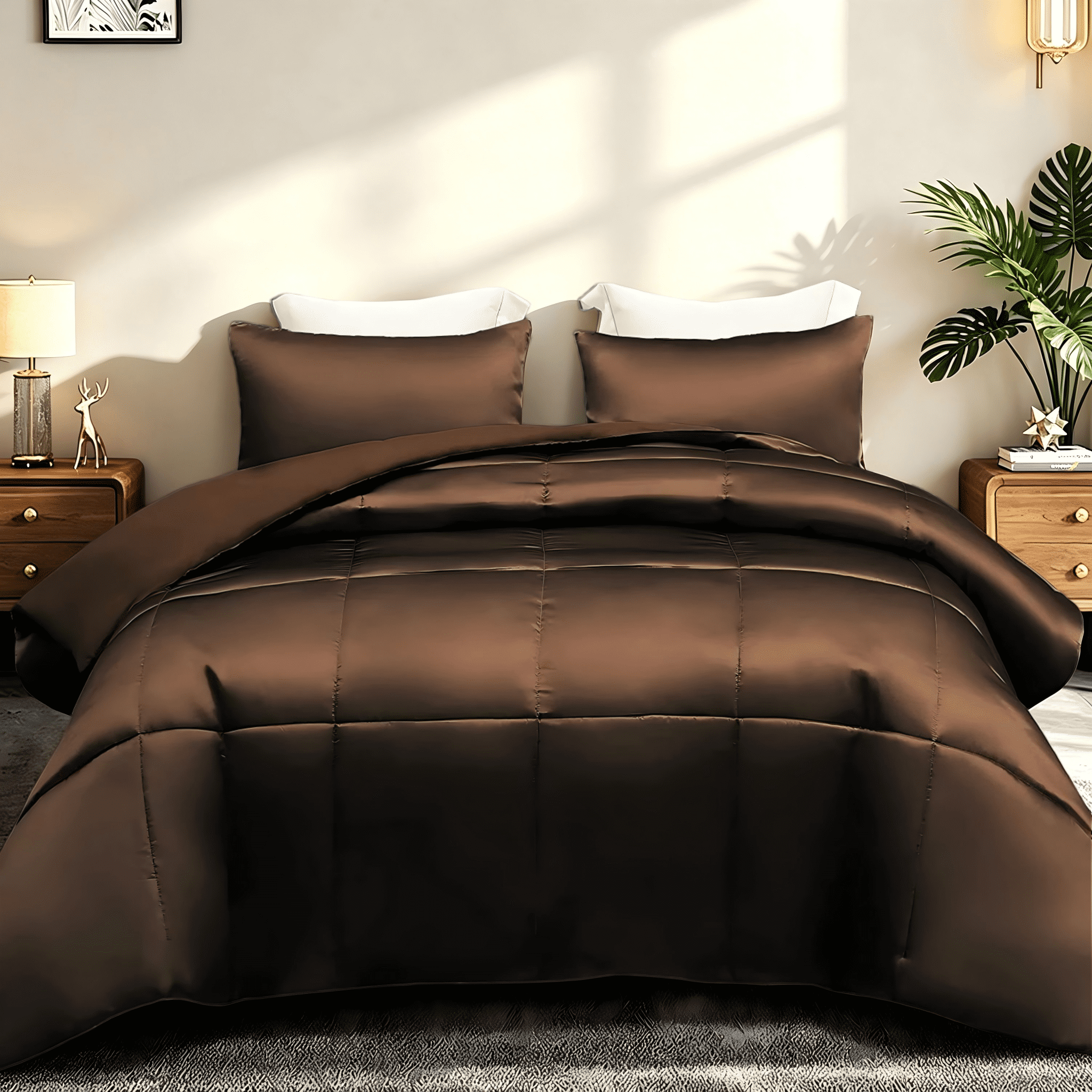 Whale Flotilla 3-Piece Reversible Silky Satin King Size Comforter Bedding Set, Lightweight Luxury Comforters with 2 Pillowcases All-Season, Brown