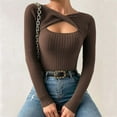 thumbnail image 2 of Twist Front Top Womens Sexy Cutout Ribbed Knit Bodycon Blouses Shirt Long Sleeve Dressy Casual Sweater Pullover (XL, Coffee), 2 of 6