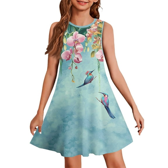 TQWQT Girls Blue Dresses Summer Sleeveless Beach Dress Size 10-12 A Line Sundress Cute Kids Crew Neck Skater Dress Floral Print Tween Girls Clothes Blue 150