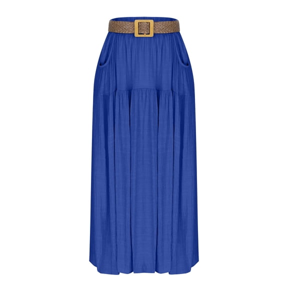Ygbgbb Women's 2026 Summer Casual Maxi Skirt High Waisted Boho Flowy A-Line Skirt with Belt Fashion Solid Long Skirt for Beach Party and Everyday Wear Blue M
