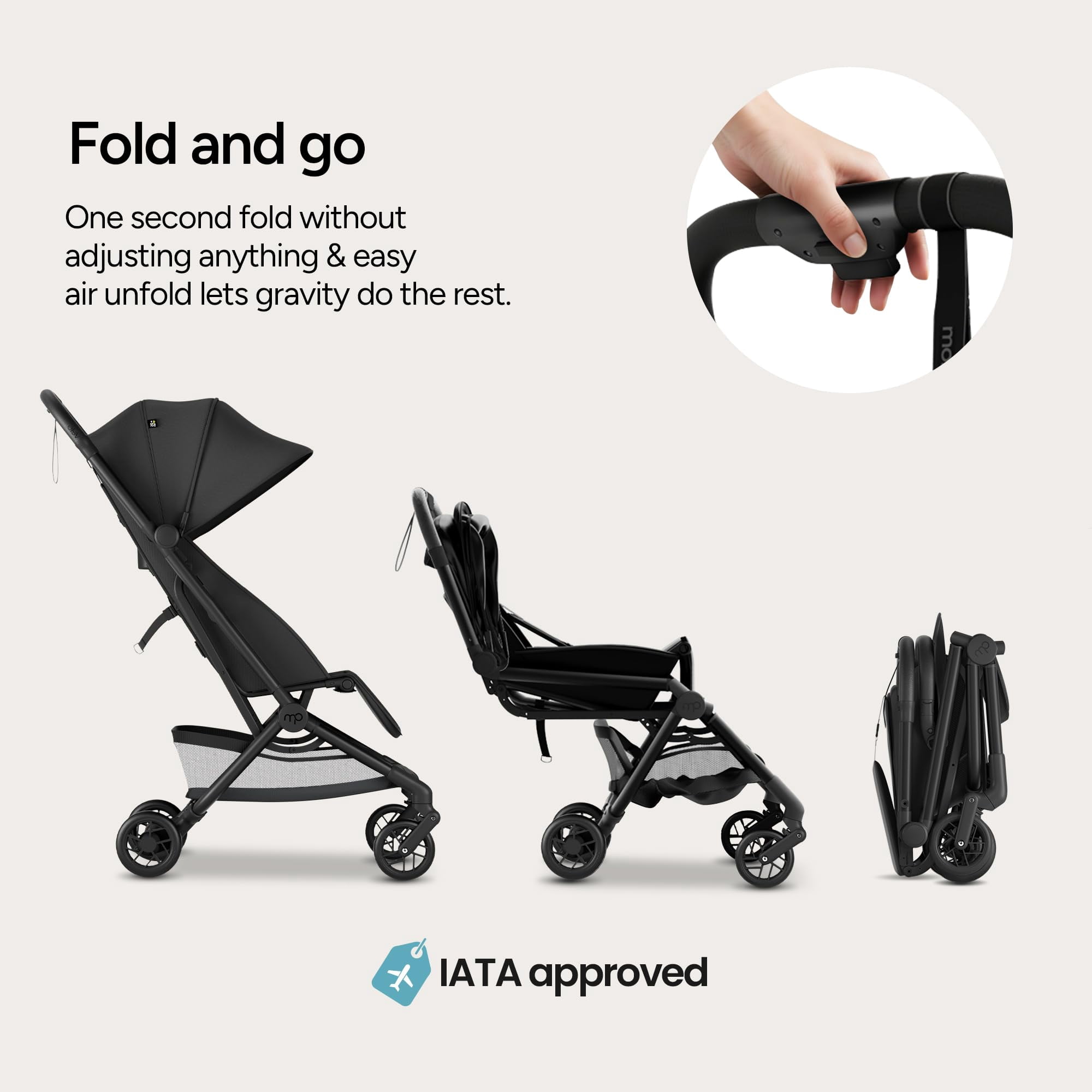 Mompush Velo Lightweight Travel Stroller with Lie-Flat Recline Seat, Airplane Friendly, Black, 18.8 LB, Unisex