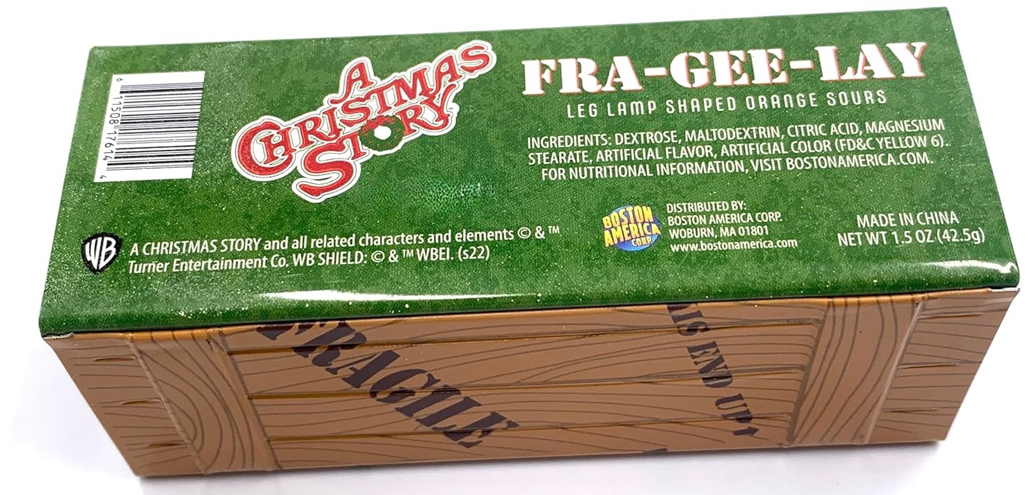 Boston America A Christmas Story FRA-GEE-LAY Wood Crate, Orange Sour Candy, Collectible Slider Tin Shaped filled with Leg Lamp Shaped Candies, 1.5 Ounce Tin