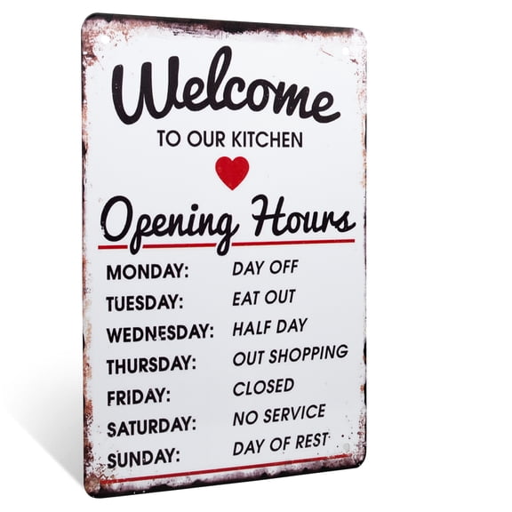 Rustic Funny Welcome to Our Kitchen Opening Hours Metal 8x12 Wall Sign Novelty Farmhouse Home Decor
