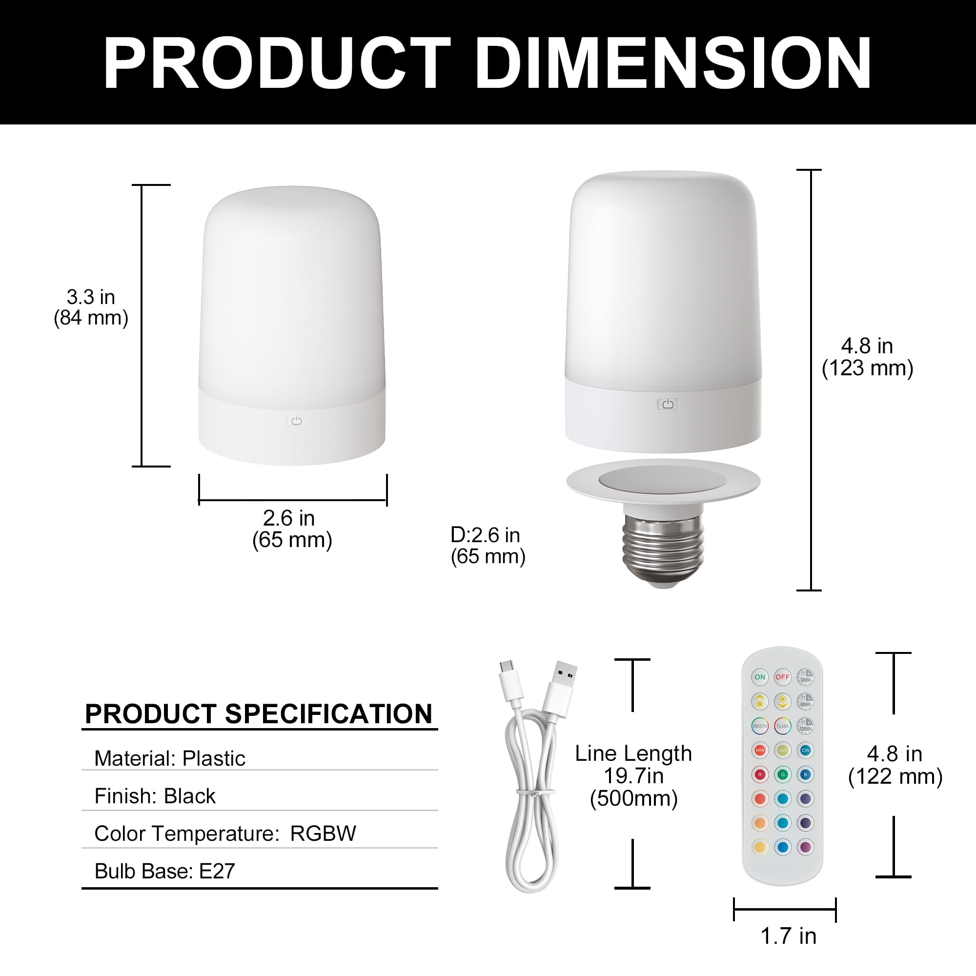 YANSUN 2-Pack Rechargeable Under Cabinet Light, RGBCW, 1.5W 148LM, Remote Control & Dimmable, Magnetic & Snap-in E27/E12 Base for Kitchen, Closet, Shelf