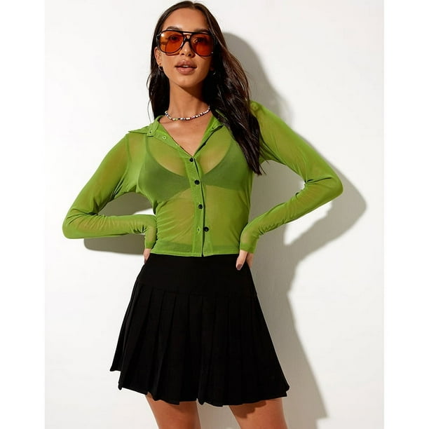 Marrón Vintage Y2K malla Tops mujeres abotonada manga larga recortada camiseta transparente Sexy Rave E Girl camisetas otoño блузка