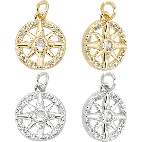 1 Box 10Pcs Compass Pendant Charms 18K Gold Plated Brass 925 Sterling Silver Round Tibet Style Nautical Charms with Cubic Zirconia Jump Ring for Jewelry Making Bracelets Necklace Crafts