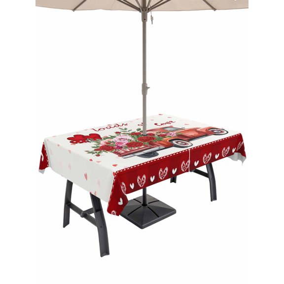 Outdoor Tablecloth with Umbrella Hole and Zipper, Valentine's Day Rectangle Table Cloth 54x80 Inch Waterproof Tablecloth, Red Love Heart Romantic Roses Floral Picnic Table Cover for Patio Camping