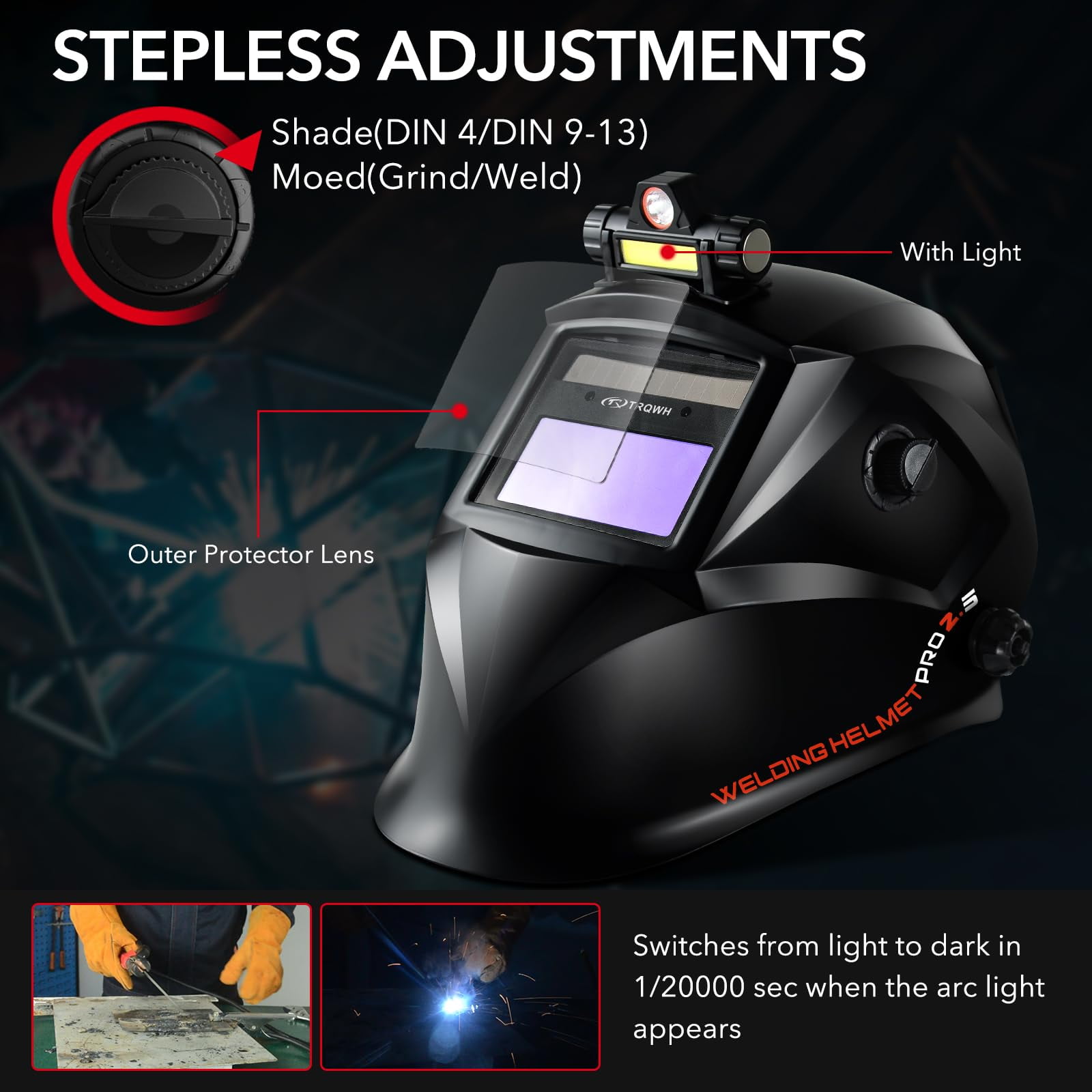 Welding Hood Auto Darkening Welding Helmet with Light True Color 1/1/1/2 Top Optical Clarity Wide Shade 9-13 Welding Mask with Grinding Weld Helmet