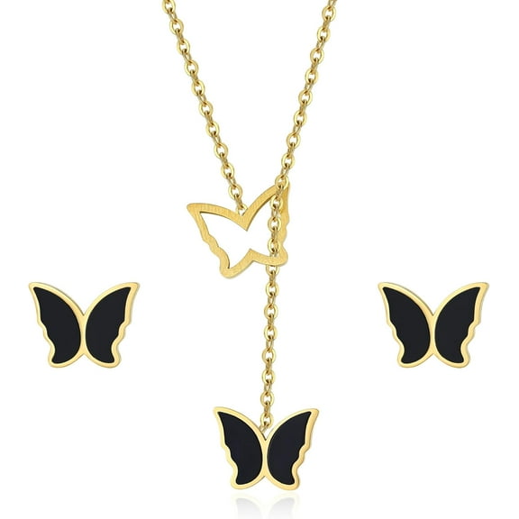 Butterfly Gold Jewelry Set for Women, 18k Gold Plated Stainless Steel Jewelry with Pendant Necklace & Stud Earrings, Gifts for Women, Valentine’s Day