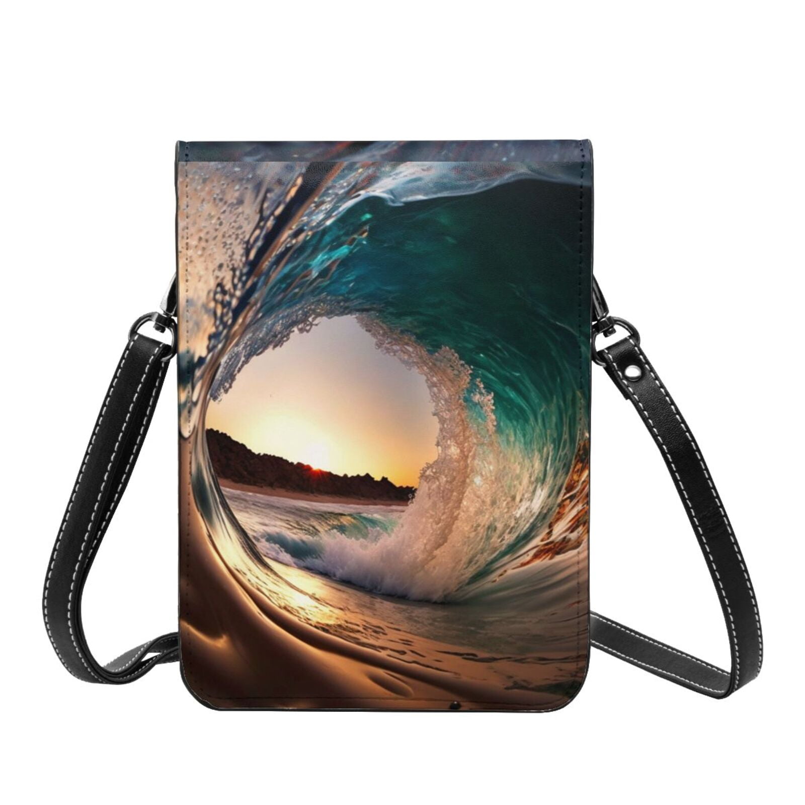 Wave Inside Hollow Morning Surf Cell Phone Purse Small Crossbody Bag with Strap Credit Card Slots Leather Shoulder Wallet for Women