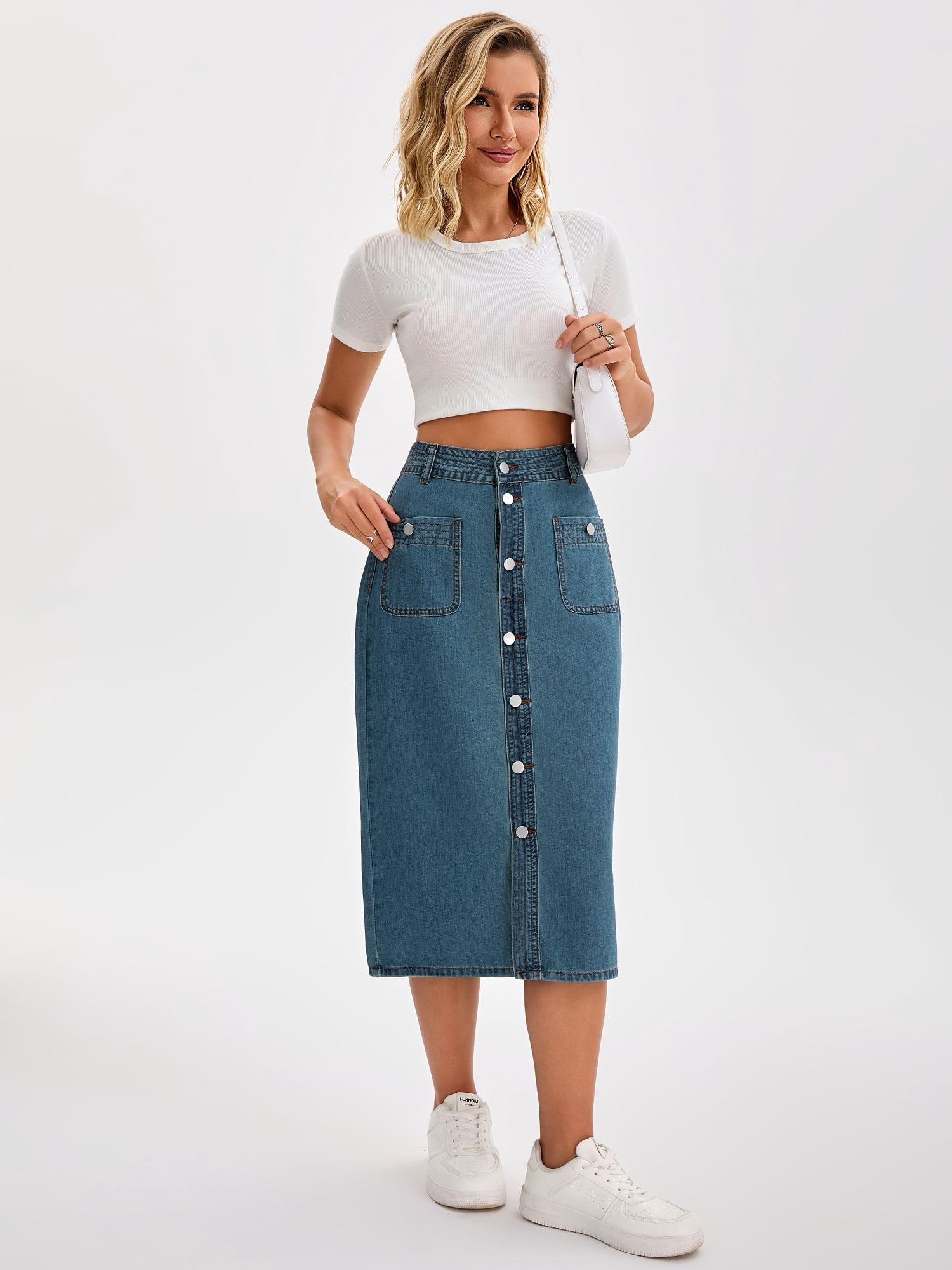 DARING DIVA Women's Slit Back Midi Denim Pencil Skirt with Pockets XL Retro Blue