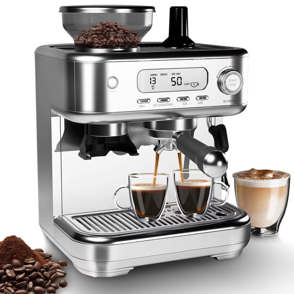 Eastvita 15-Bar Espresso Machine with LCD Display/Grinder/Milk Frother//PID Temperature Control - Professional Coffee Maker for Latte/Cappuccino/8.8 Oz Bean Hopper