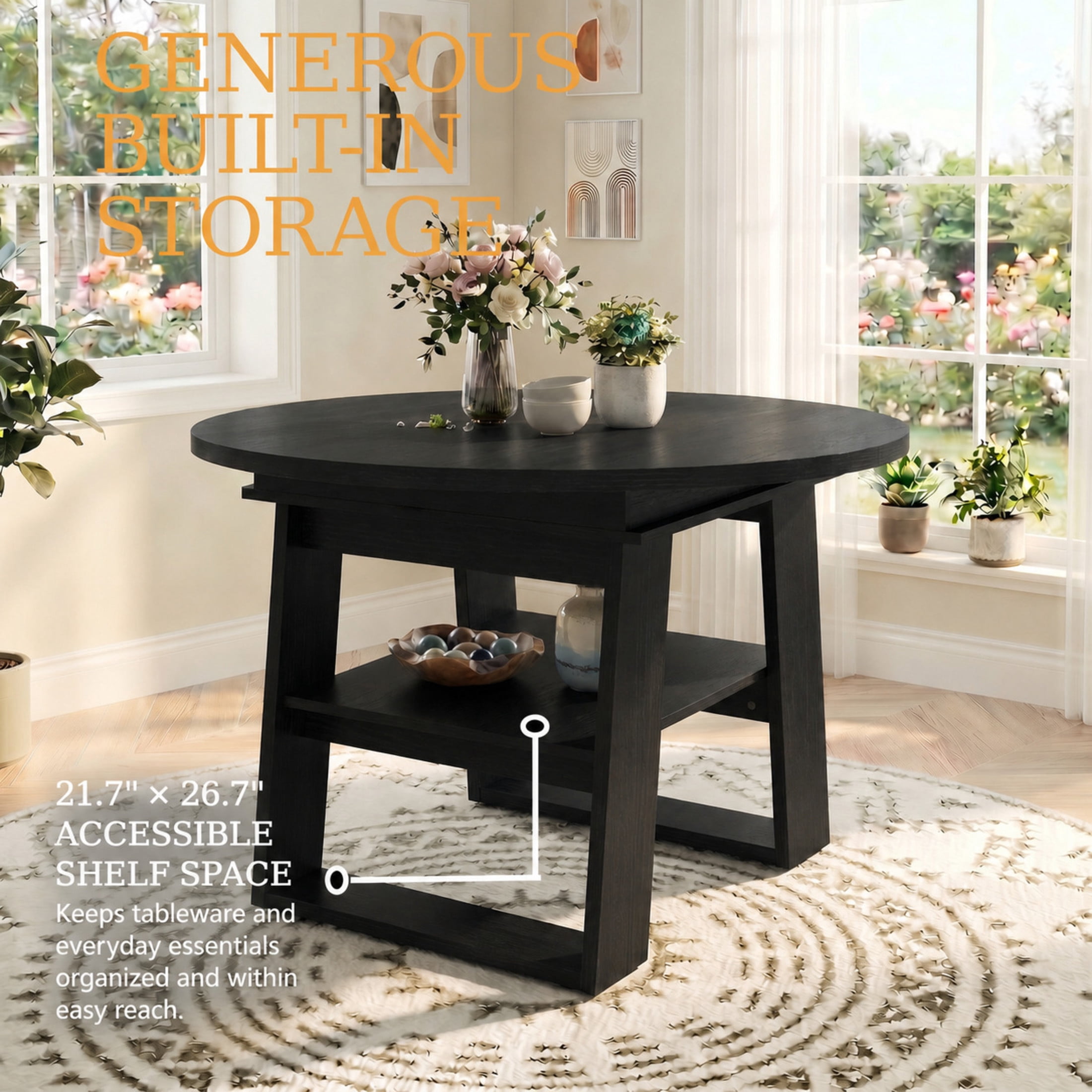 Noble House 43.3"-59.05" Extendable Round Dining Table, Oval Kitchen Table with Storage Shelf, Black