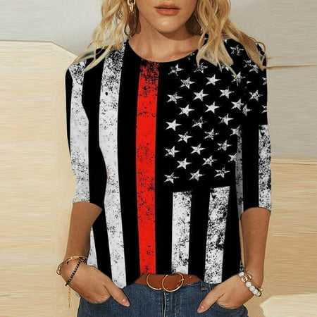 

Women’s Summer American Flag Print 3/4 Sleeve Casual T-shirt Comfy 4th of July Crew Neck Tunic Shirt Soft Blouse